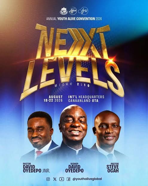 Official AYAC 2026 NEXT LEVELS flyer with Bishop David Oyedepo, Pastor David Oyedepo Jnr and Pastor Steve Ogah, August 18-23 2026, Canaanland Ota